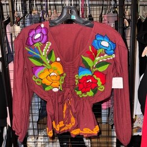 Embroidered Burgundy Peasant Top with Floral Detail